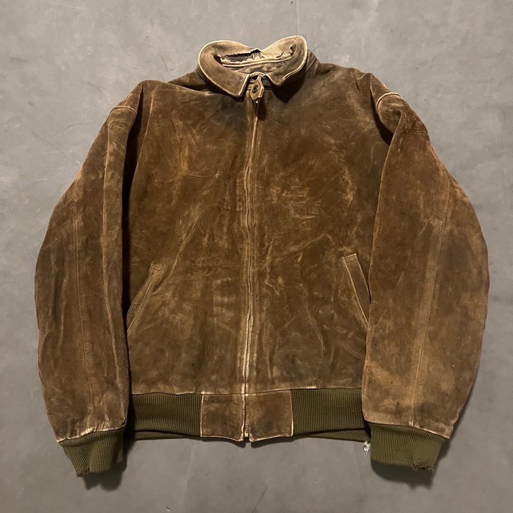 VTG Polo Ralph Lauren Plaid Lined Suede Leather Bomber Jacket Brown‎ XL Distress